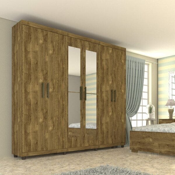 Guarda-roupa Casal Com Espelho 6 Portas 3 Gavetas E Pés Olimp