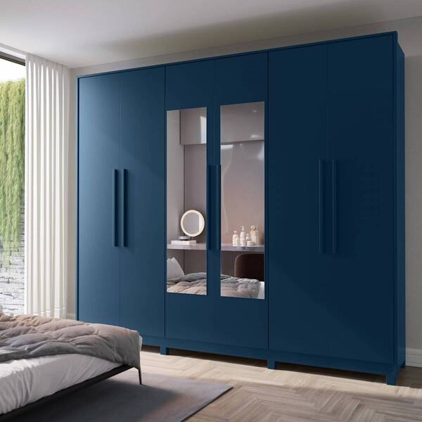 Guarda Roupa Casal Com Espelho 6 Portas Alpha Azul Acetinado