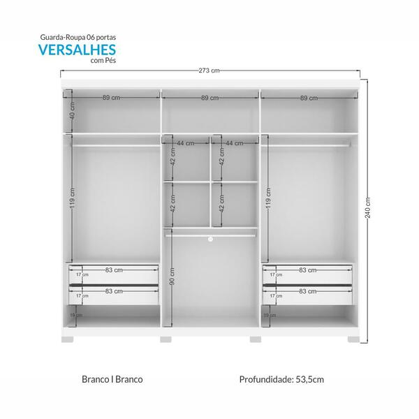 Guarda Roupa Casal Com Espelho 6 Portas Versalhes 2.7 Branco
