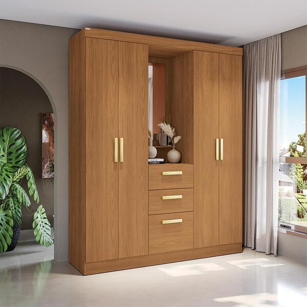 Guarda-roupa Casal Com Espelho Albi 5 Portas 2 Gavetas Canela