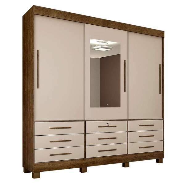 Guarda-roupa Casal Com Espelho Arezzo 3 Pt 9 Gv Ipê E Off Whi