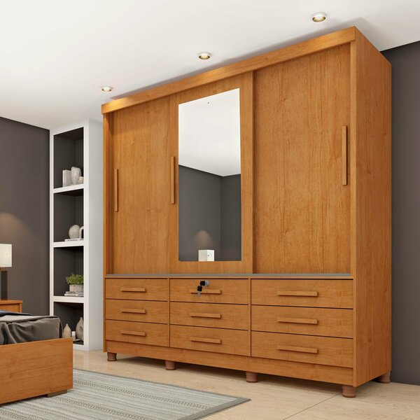 Guarda Roupa Casal Com Espelho E Pés 3 Portas 9 Gavetas 199cm