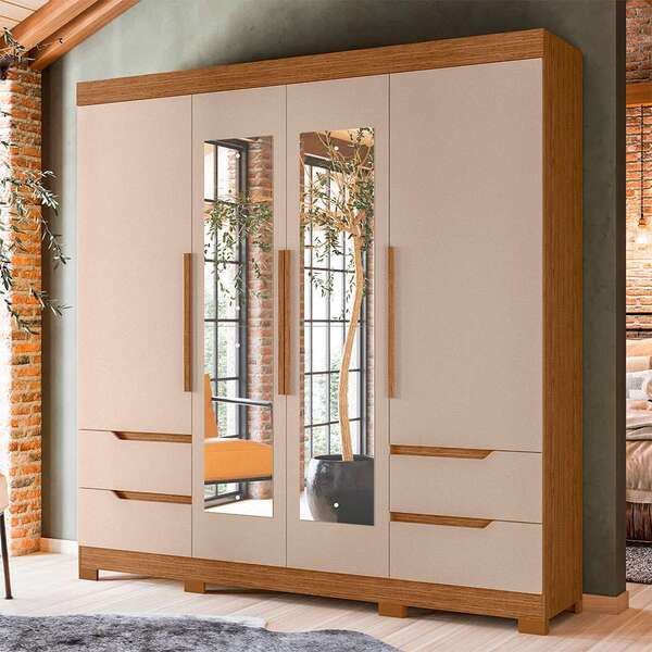 Guarda-roupa Casal Com Espelho Vivacce 4 Pt 4 Gv Jatobá E Fen