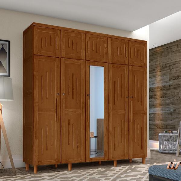 Guarda Roupa Casal Em Madeira Maciça Com Espelho Castanho Mar