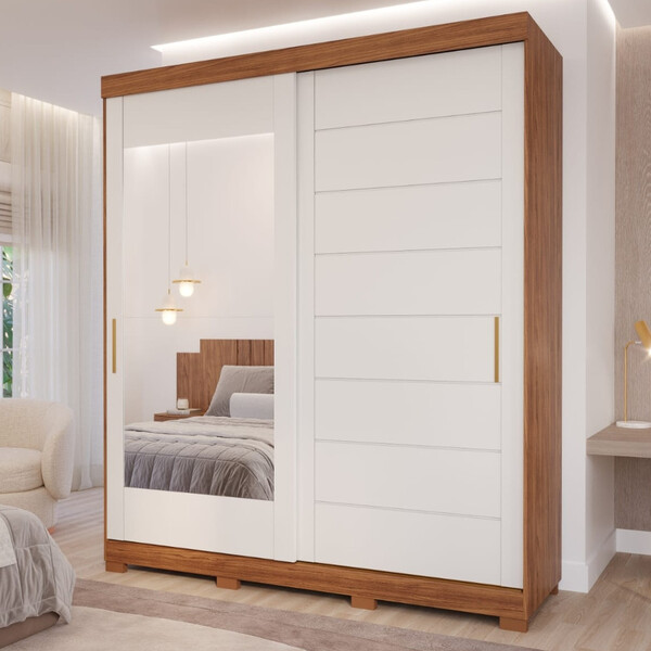 Guarda Roupa Casal Espelho E Pés 2 Portas De Correr 4 Gavetas