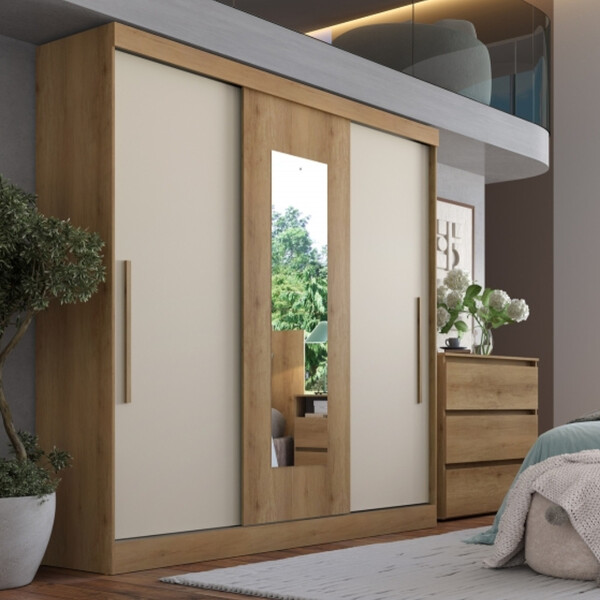 Guarda Roupa Casal Flex Com Espelho 3 Portas De Correr Vision