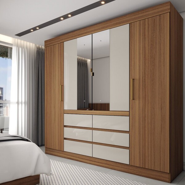 Guarda-roupa Casal Honey 4 Portas 6 Gavetas Com Espelho Amênd