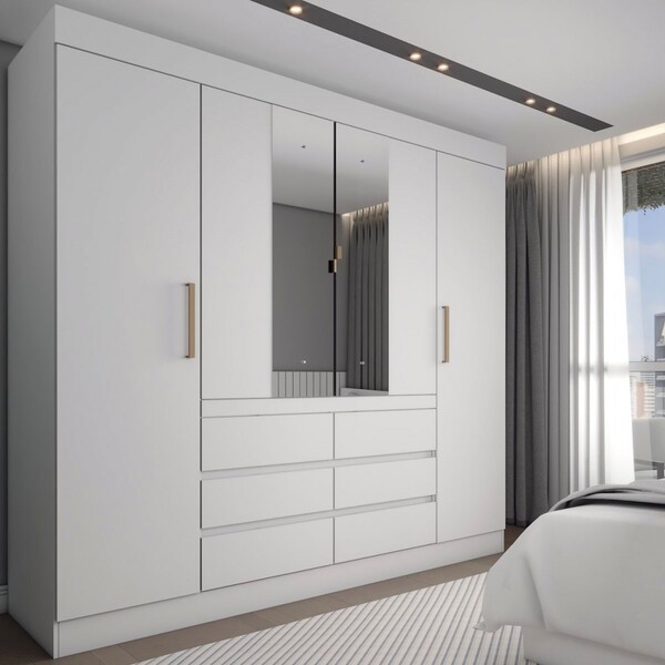 Guarda-roupa Casal Honey 4 Portas 6 Gavetas Com Espelho Branc