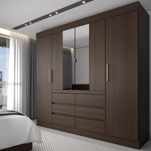 Guarda-roupa Casal Honey 4 Portas 6 Gavetas Com Espelho Ébano