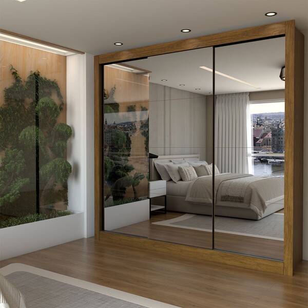 Guarda-roupa Casal Louise 3 Portas De Correr 4 Gavetas Espelh