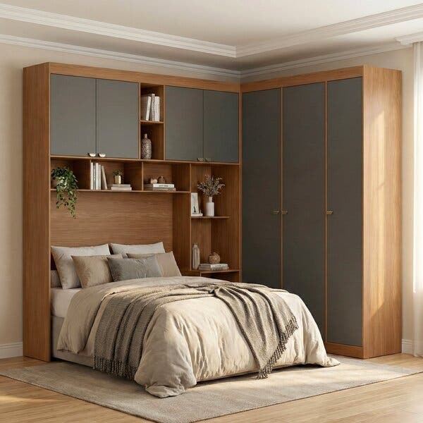 Guarda-roupa Casal Modulado Com Cabeceira E Módulo Aéreo 7 Portas 4 ...