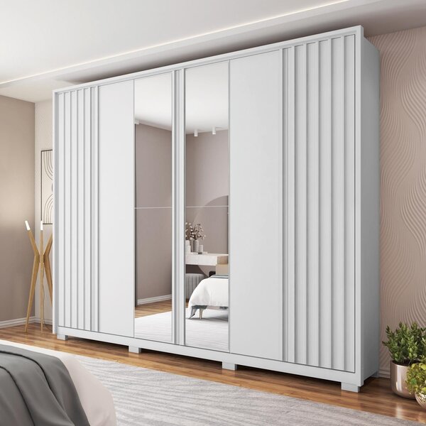 Guarda Roupa Casal Ripado Com Espelho 6 Portas 4 Gavetas E Pé