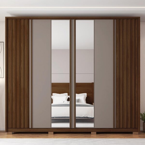 Guarda Roupa Casal Ripado Com Espelho 6 Portas 4 Gavetas E Pé