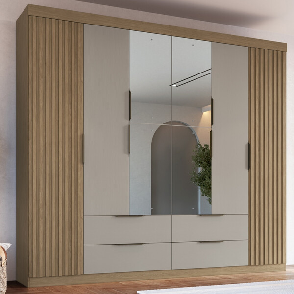 Guarda Roupa Casal Ripado Com Espelho 6 Portas 4 Gavetas Vega