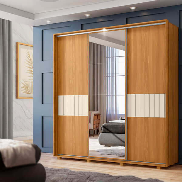 Guarda Roupa Casal Samuel Com Espelho 3 Portas 3 Gavetas Carv