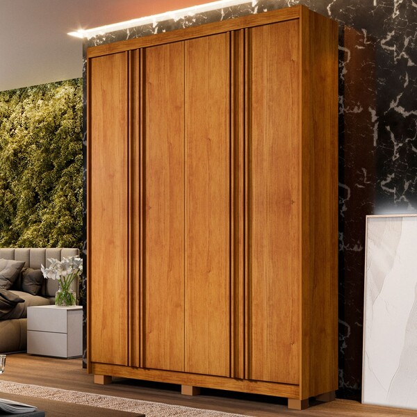 Guarda-roupa Casal Singapura 4 Portas 3 Gavetas Ripado Cinamo