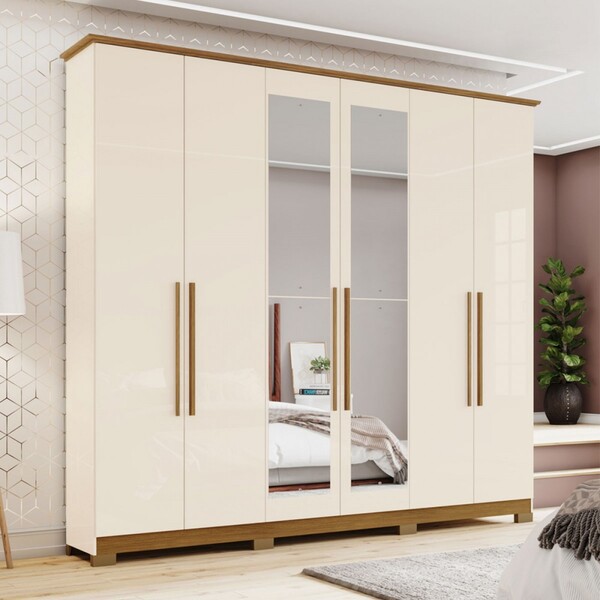 Guarda-roupa Casal Vigo 6 Portas 3 Gavetas Com Espelho Off Wh