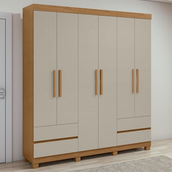 Guarda-roupa Casal Zeus 6 Portas 4 Gavetas Amêndoa Clean/off