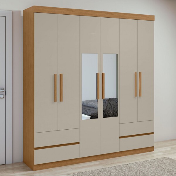 Guarda-roupa Casal Zeus 6 Portas 4 Gavetas Com Espelho Amêndo