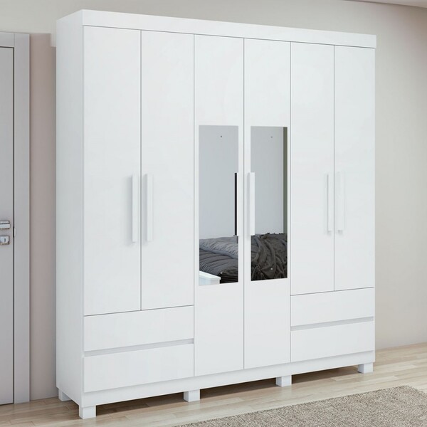 Guarda-roupa Casal Zeus 6 Portas 4 Gavetas Com Espelho Branco