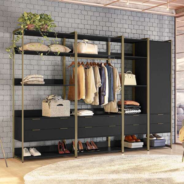 Guarda-roupa Closet Industrial Mital 1 Pt 8 Gv Preto E Dourado