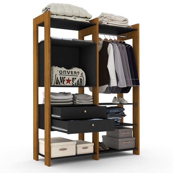 Guarda Roupa Closet Toronto Solteiro Carvalho Com Preto Luapa