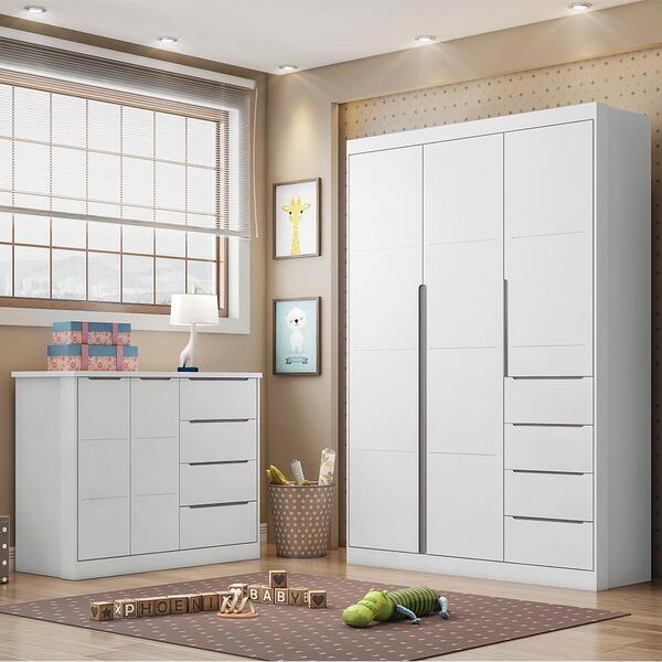 Guarda Roupa Com Cômoda Para Bebê Branco E Cinza Eloa Phoenix