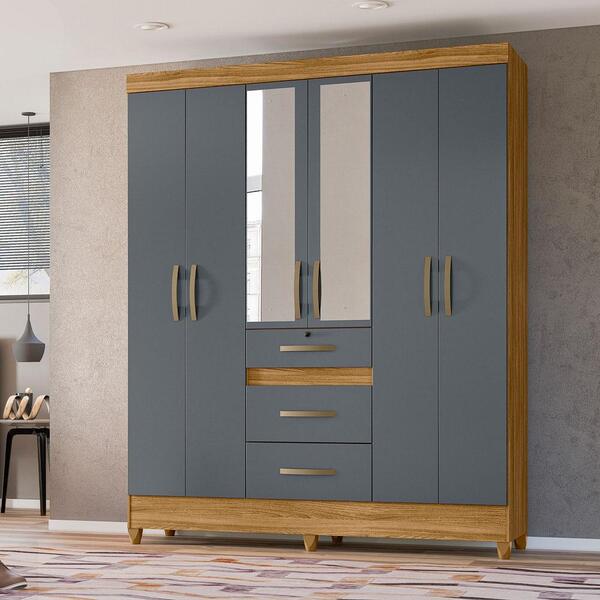 Guarda Roupa Com Espelho 6 Portas 3 Gavetas Freijó Cinza Itat