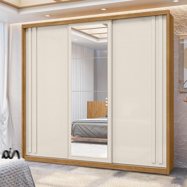 Guarda Roupa Com Espelho E Porta De Correr 242cm Freijó Off W