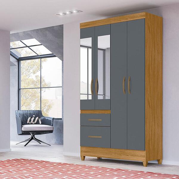 Guarda Roupa Com Espelho Solteiro 4 Portas 2 Gavetas Freijó C