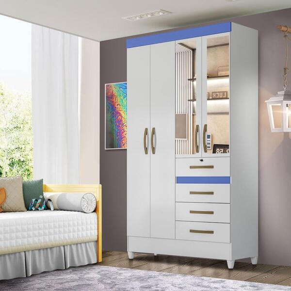 Guarda Roupa Com Espelho Solteiro 4 Portas 4 Gavetas Branco A