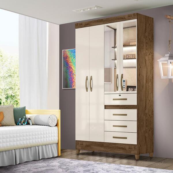 Guarda Roupa Com Espelho Solteiro 4 Portas 4 Gavetas Castanho