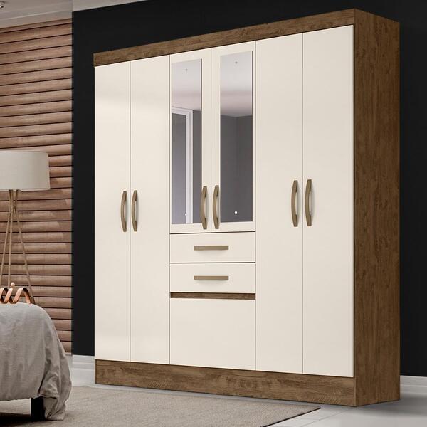 Guarda Roupa Com Pés E Espelho 7 Portas 177cm Castanho Baunil