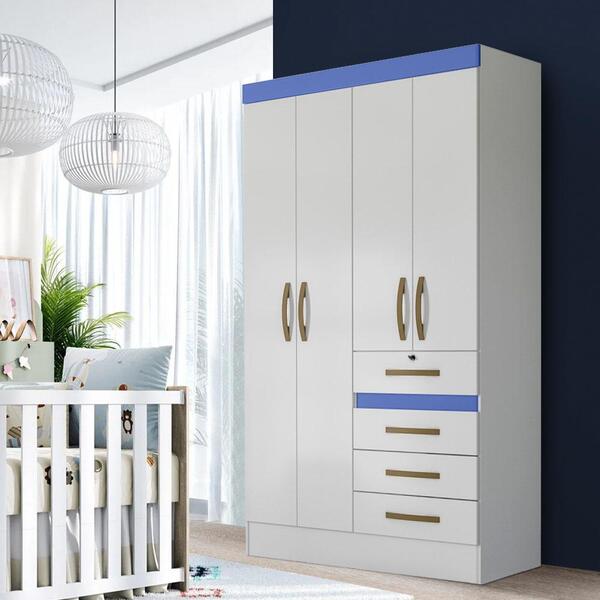 Guarda Roupa De Bebê 4 Portas 4 Gavetas Branco Azul Flex Seth