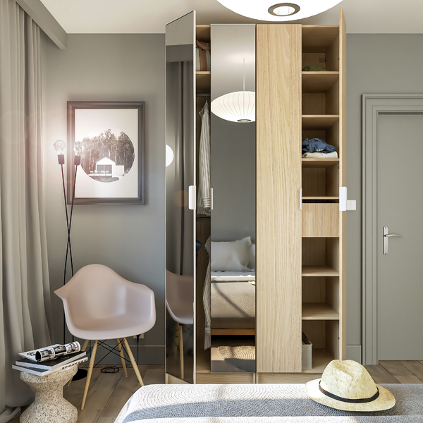 Guarda-Roupa de Solteiro com Espelho 4 Portas de Abrir com 1 Gaveta MDP Oásis 243,2x119,6x54cm EVO'M Spaceo