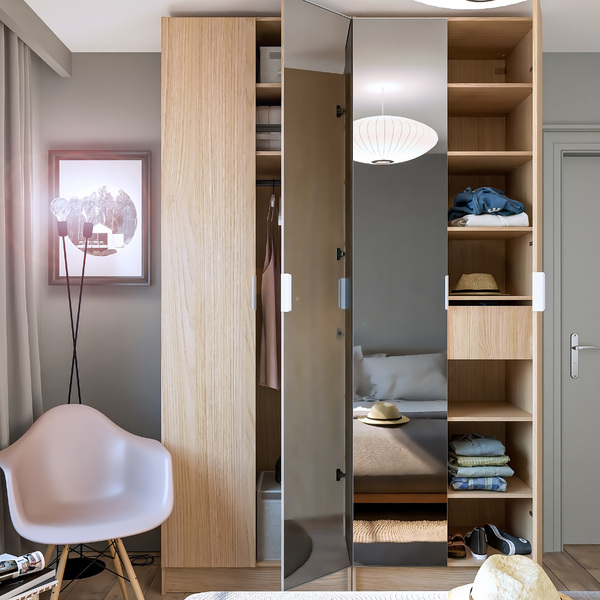 Guarda-Roupa de Solteiro com Espelho 4 Portas de Abrir com 1 Gaveta MDP Oásis 243,2x159,6x54cm EVO'M Spaceo