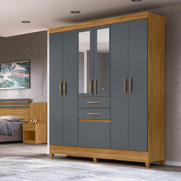 Guarda Roupa De Solteiro Com Espelho 177cm Freijó Cinza New M