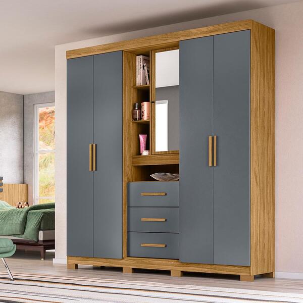 Guarda Roupa De Solteiro Com Espelho 5 Portas 195cm Freijó Ci