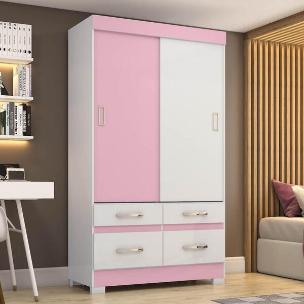 Guarda Roupa Flex 2 Portas De Correr 4 Gavetas - Branco/rosa