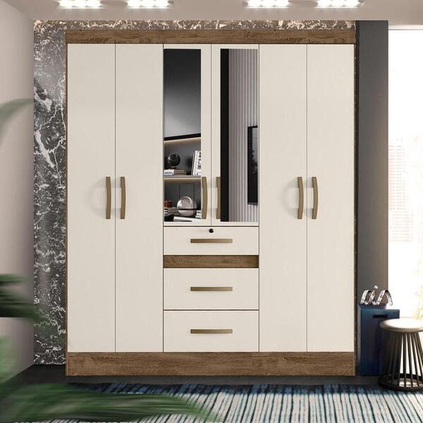 Guarda Roupa Grande 6 Portas 3 Gavetas Com Espelho Castanho W