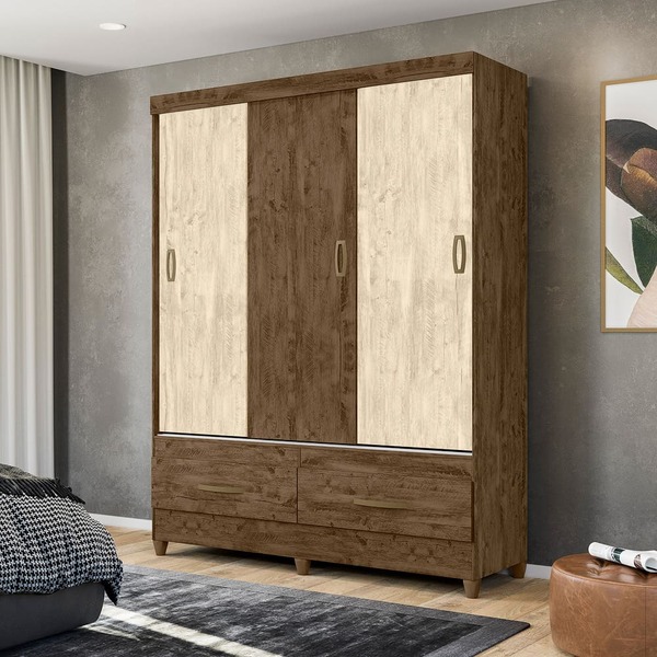 Guarda Roupa Héstia 3 Portas Castanho Wood Avelã Bnn Decor
