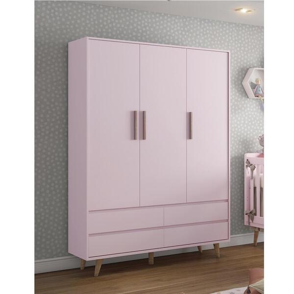 Guarda Roupa Infantil 3 Portas 4 Gavetas Loren - Rosa/madeira