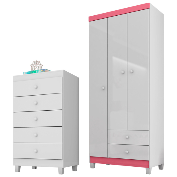 Guarda Roupa Infantil 3 Portas Com Cômoda 5 Gavetas Baby Kids