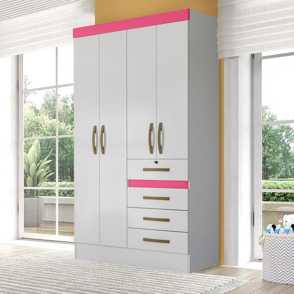 Guarda Roupa Infantil 4 Portas 4 Gavetas Branco Rosa Flex Sar