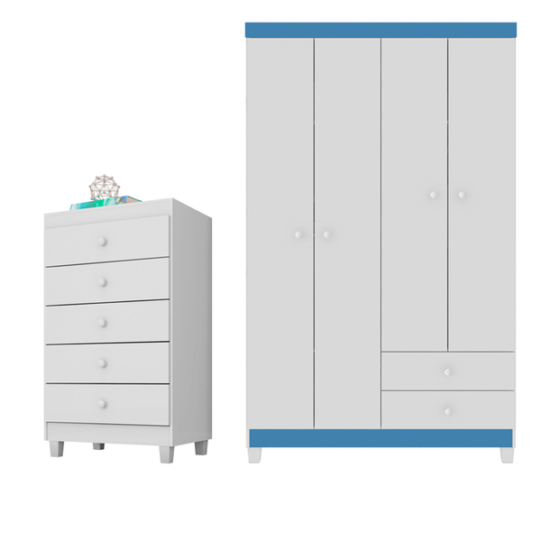 Guarda Roupa Infantil 4 Portas Com Cômoda 5 Gavetas Aquarela