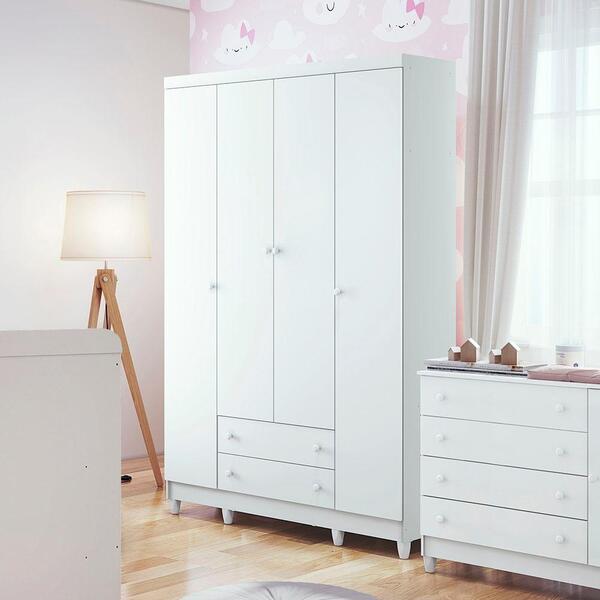 Guarda Roupa Infantil 4 Portas Com Gavetas Taís Branco Brilho