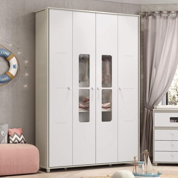 Guarda-roupa Infantil 4 Portas Com Vidro Aquarela  Cristal/br