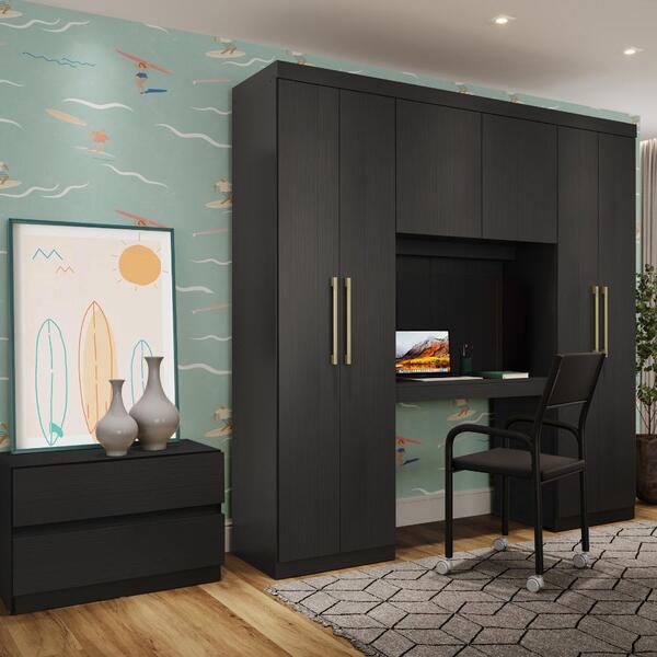 Guarda Roupa Infantil 6 Portas 2 Gavetas Porto Preto Com Escr