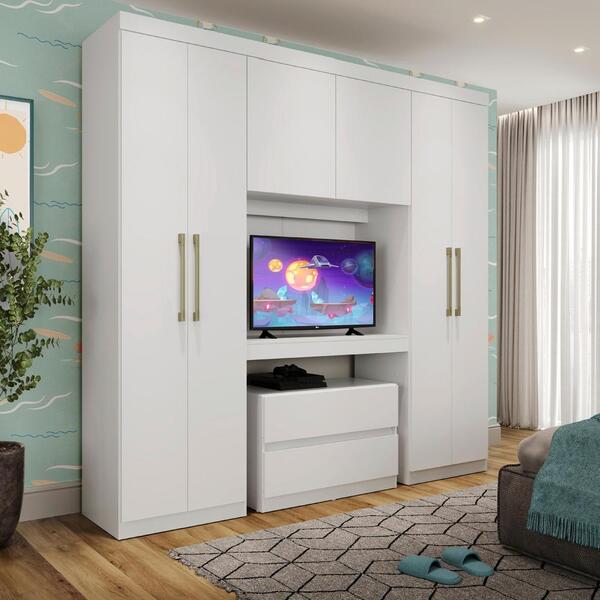 Guarda Roupa Infantil 6 Portas Branco C/ Painel De Tv