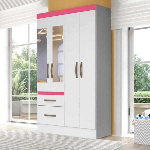 Guarda Roupa Infantil Com Espelho 4 Portas 2 Gavetas Branco R